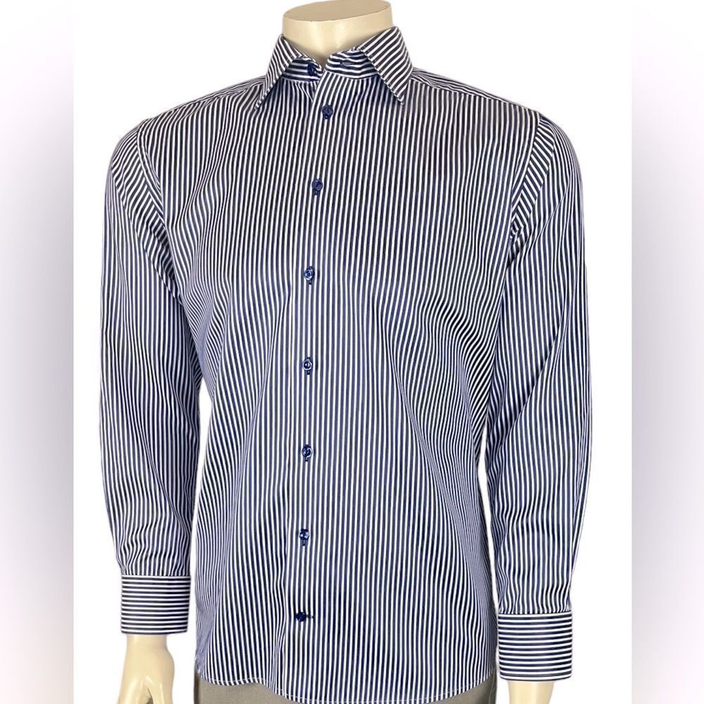 Eton Contemporary Fit Dress Shirt in Blue/White Stripes w/Blue Buttons Sz 41/16